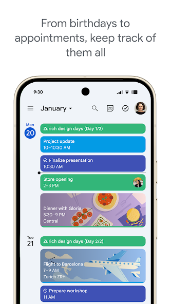 Google Calendar app screenshot showing a day schedule